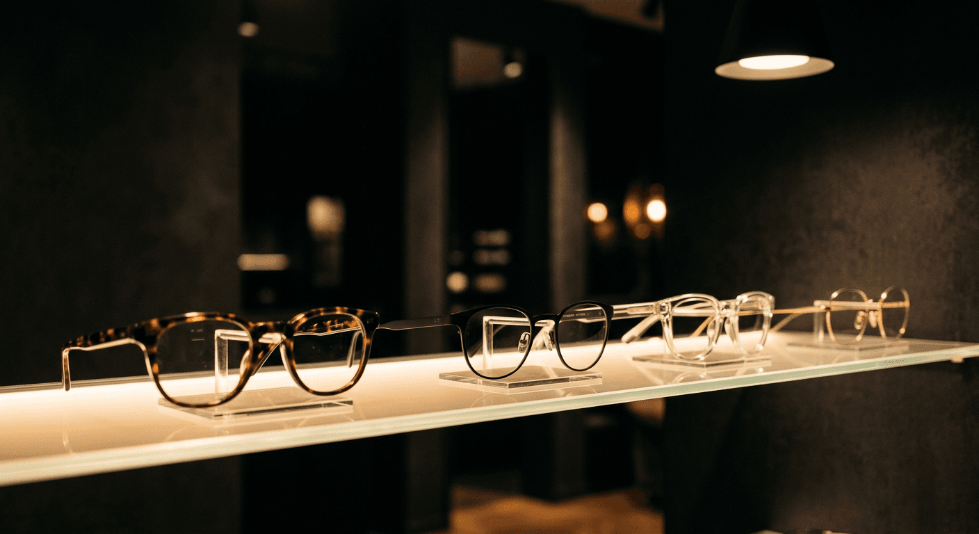Premium-Brillen in einer Optiker-Auslage
