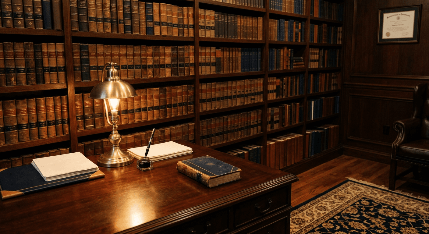 Juristische Bibliothek mit ledergebundenen Büchern