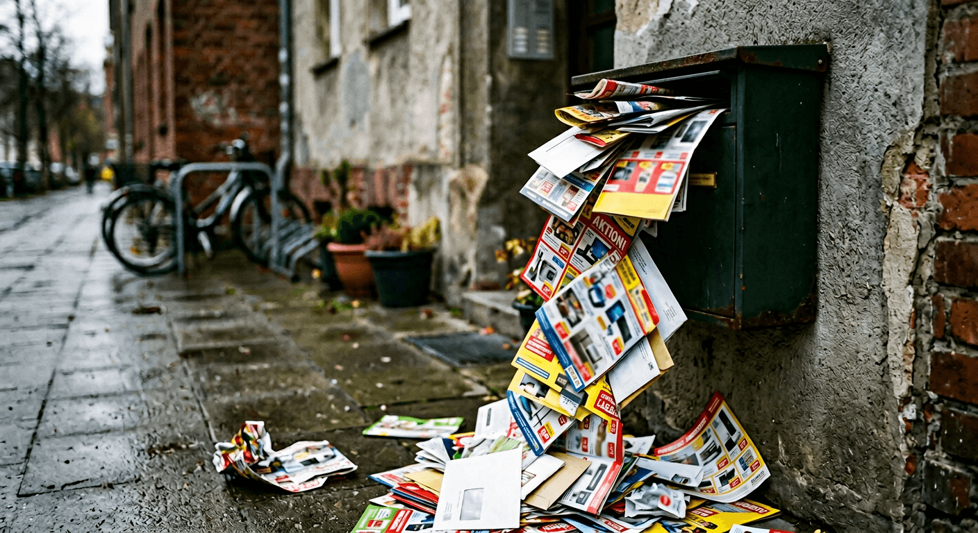 Überquellender Briefkasten mit Werbepost